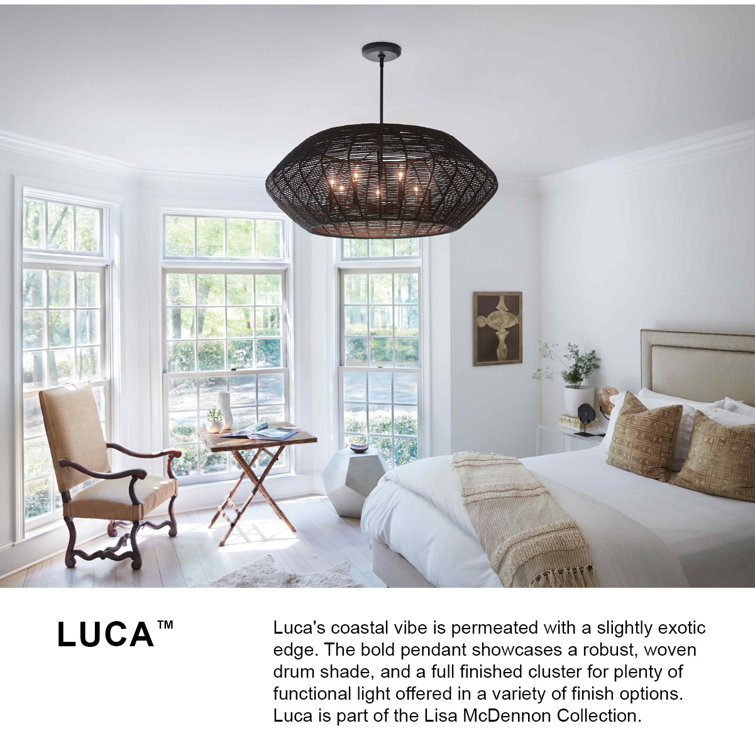 Luca Exotic Edge 7-Light Large Drum LED Chandelier with Black Camel Rattan Shade