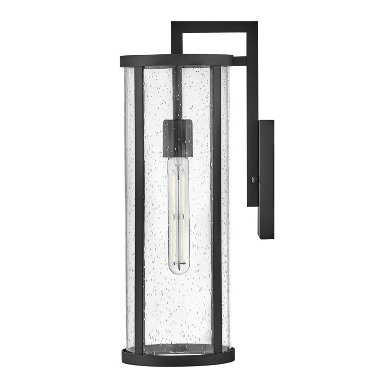 Medium Black Aluminum Cylinder Outdoor Wall Light with Seeded Glass