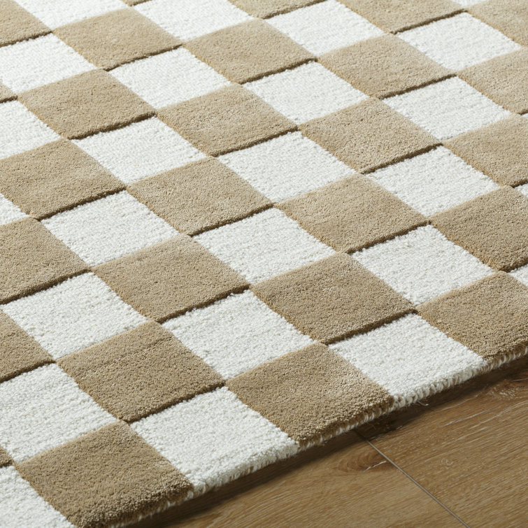 Tan and White Hand Tufted Wool Checkered Area Rug 8' x 10'