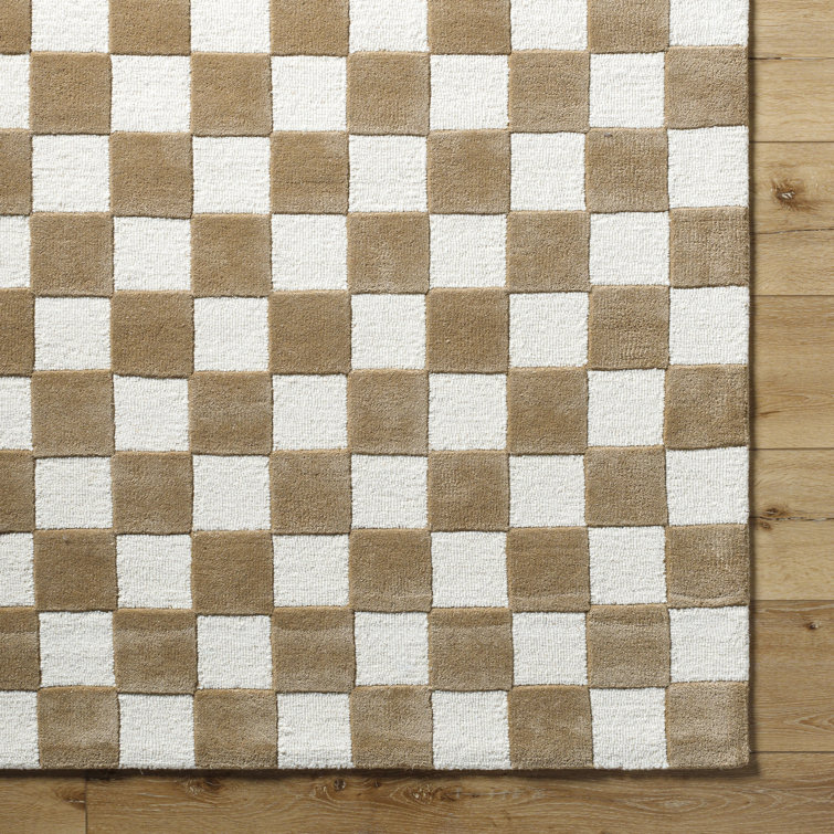 Tan and White Hand Tufted Wool Checkered Area Rug 8' x 10'