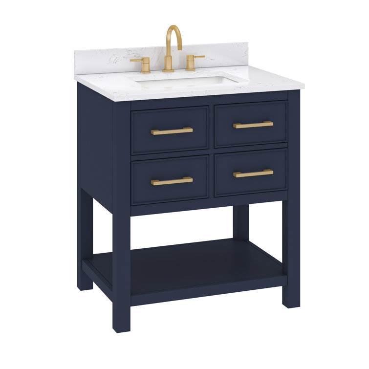Navy Blue and Gold 31'' Single Bathroom Vanity with Engineered Marble Top