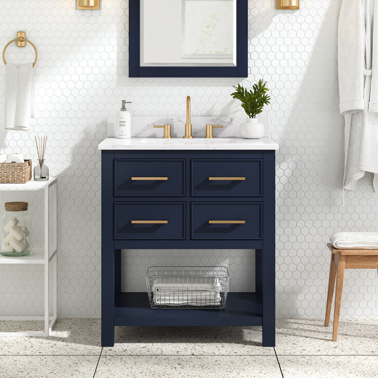 Navy Blue and Gold 31'' Single Bathroom Vanity with Engineered Marble Top