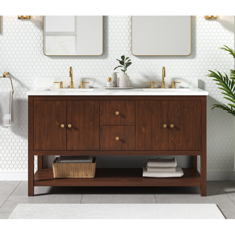 Zoe 60'' Walnut Double Bathroom Vanity with Gold Hardware