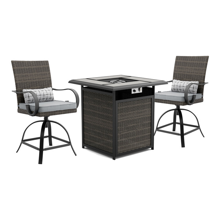 Arosa 2-Person Gray Rattan Fire Pit Dining Set with Cushions