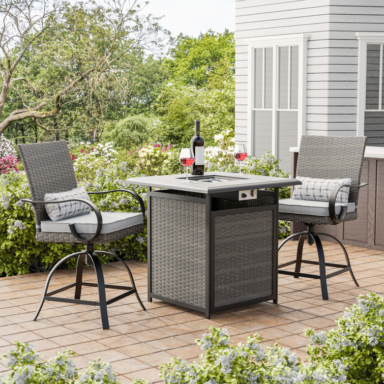 Arosa 2-Person Gray Rattan Fire Pit Dining Set with Cushions