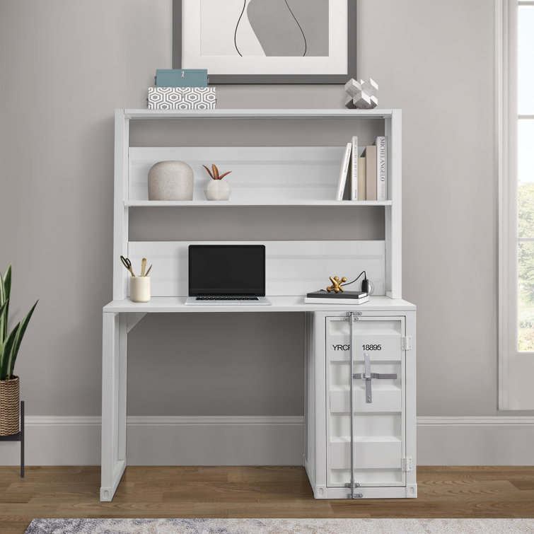 White Wood Writing Desk with Hutch and Drawer