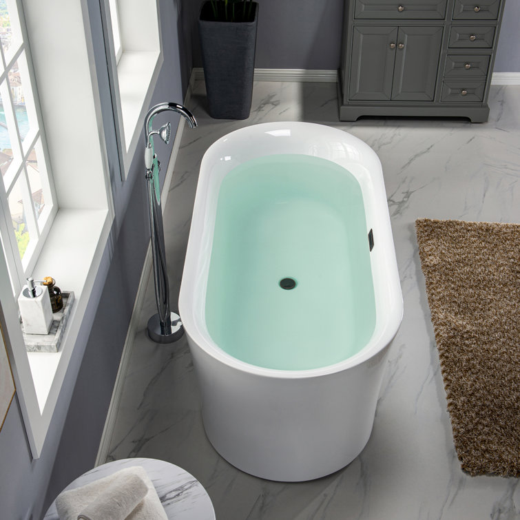White Acrylic Oval Freestanding Soaking Bathtub with Center Drain