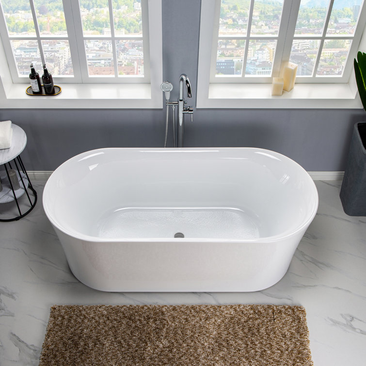 White Acrylic Freestanding Oval Soaking Bathtub with Brushed Nickel Drain