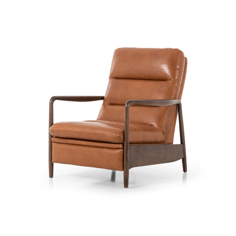 Tobacco Leather Midcentury Recliner with Wood Frame
