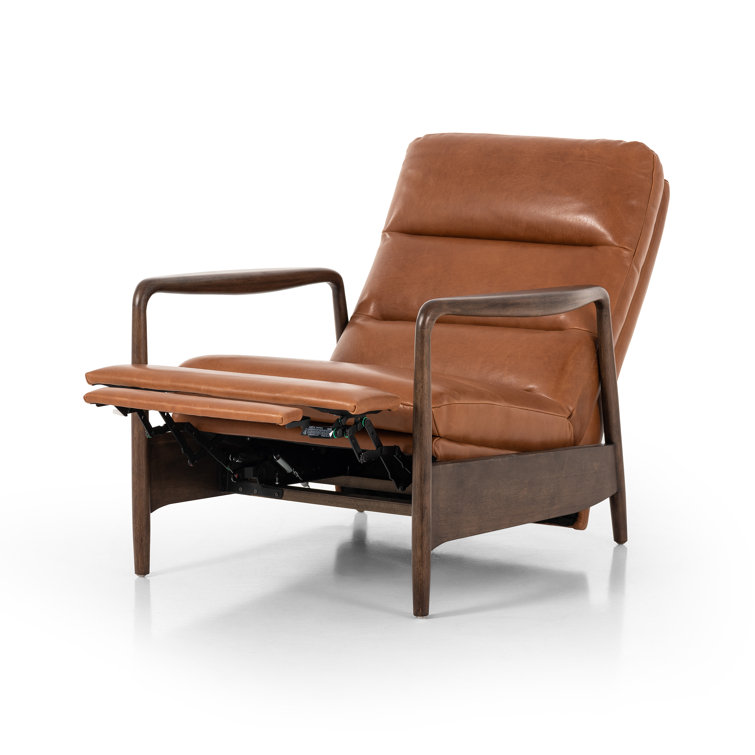 Tobacco Leather Midcentury Recliner with Wood Frame