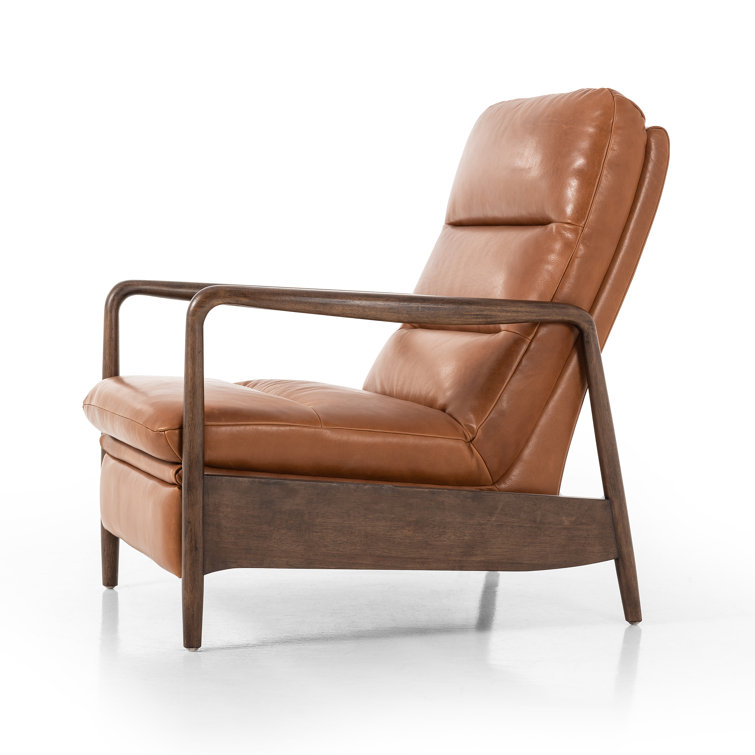 Tobacco Leather Midcentury Recliner with Wood Frame