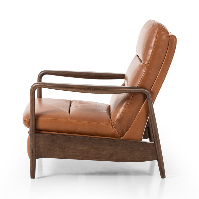 Tobacco Leather Midcentury Recliner with Wood Frame