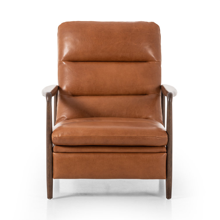 Tobacco Leather Midcentury Recliner with Wood Frame