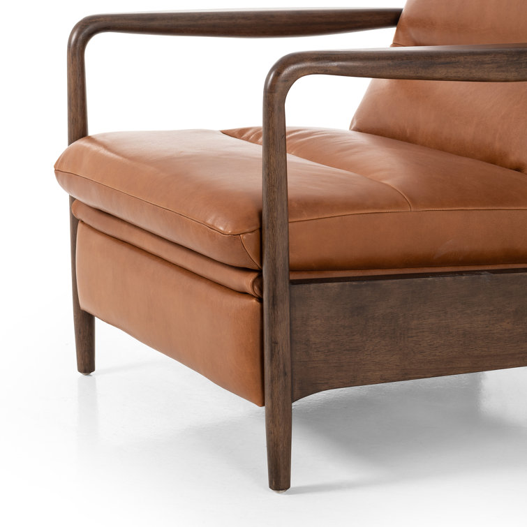Tobacco Leather Midcentury Recliner with Wood Frame