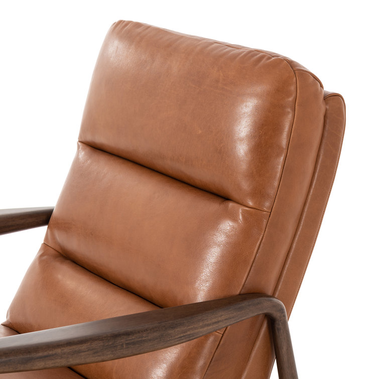 Tobacco Leather Midcentury Recliner with Wood Frame
