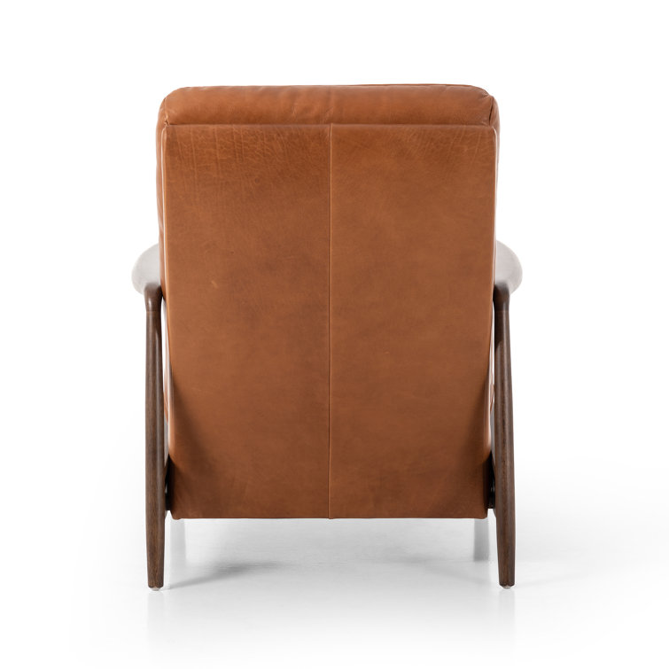 Tobacco Leather Midcentury Recliner with Wood Frame