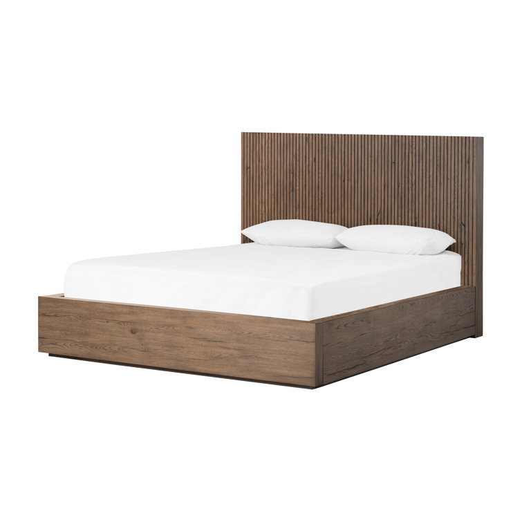 Queen Oak Wood Frame Bed with Headboard and Drawer