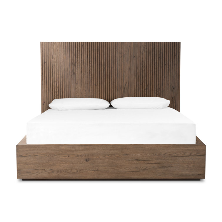 Queen Oak Wood Frame Bed with Headboard and Drawer