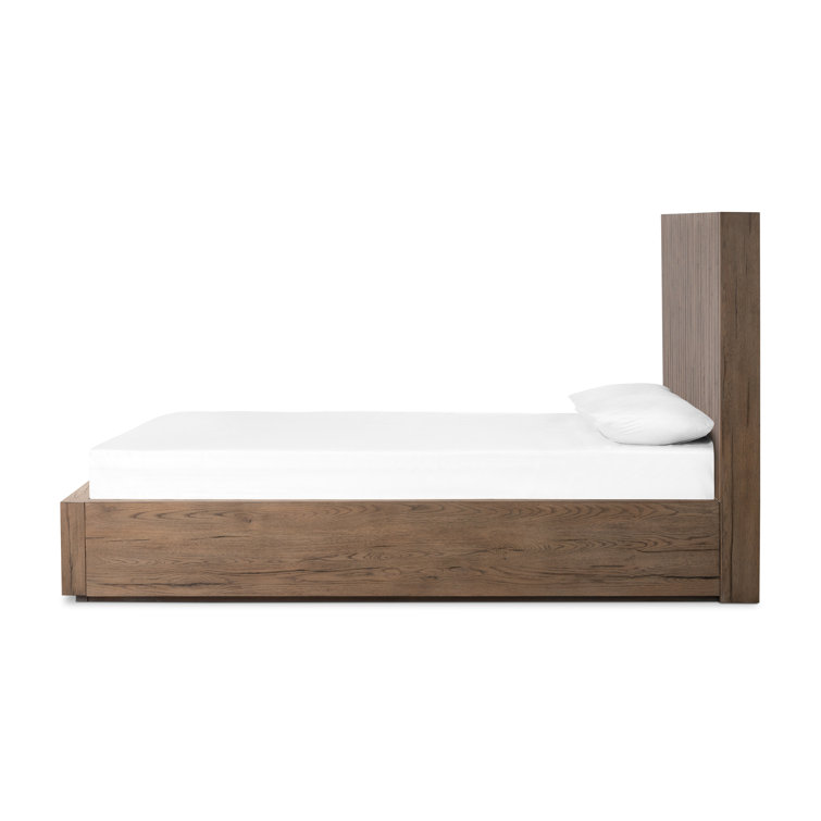 Queen Oak Wood Frame Bed with Headboard and Drawer