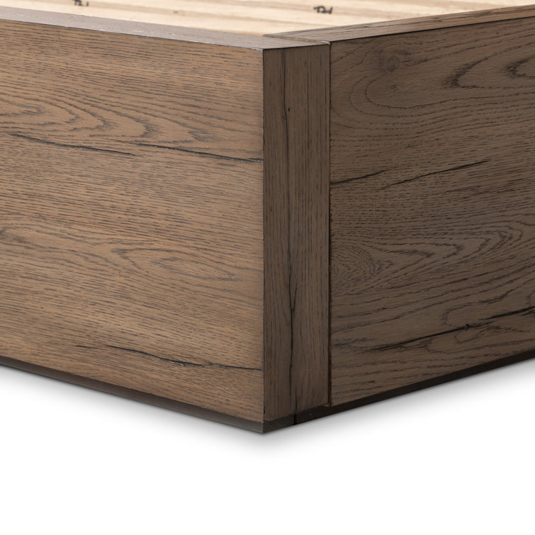 Queen Oak Wood Frame Bed with Headboard and Drawer
