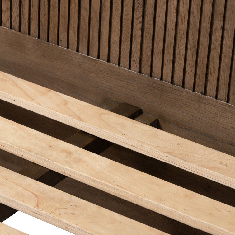 Queen Oak Wood Frame Bed with Headboard and Drawer
