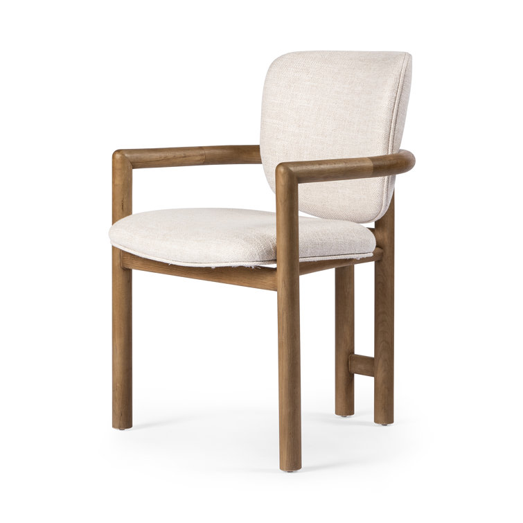 Beige Upholstered Leather Arm Chair with Desert Oak Finish