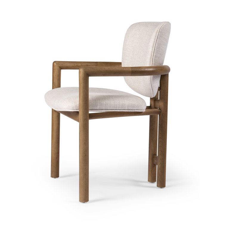 Beige Upholstered Leather Arm Chair with Desert Oak Finish