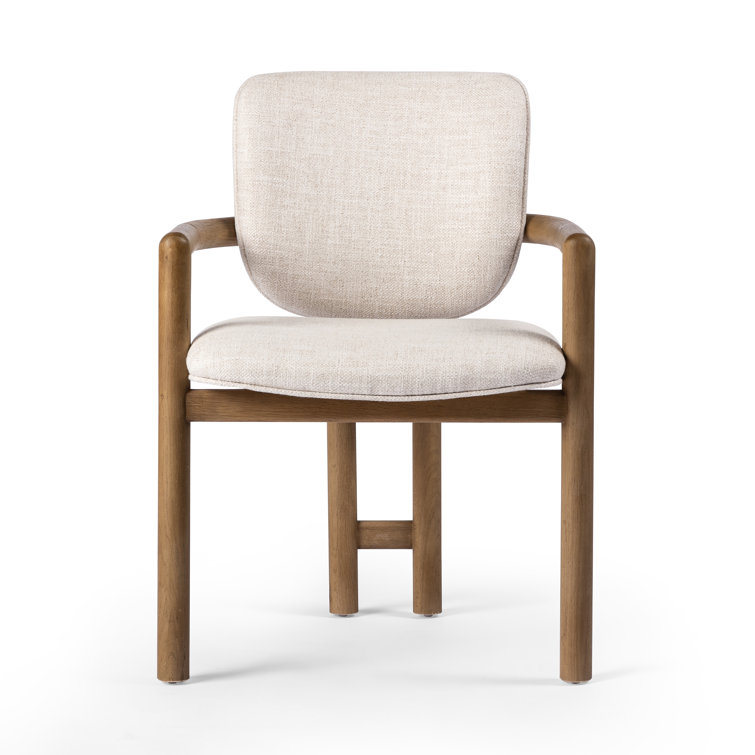 Beige Upholstered Leather Arm Chair with Desert Oak Finish