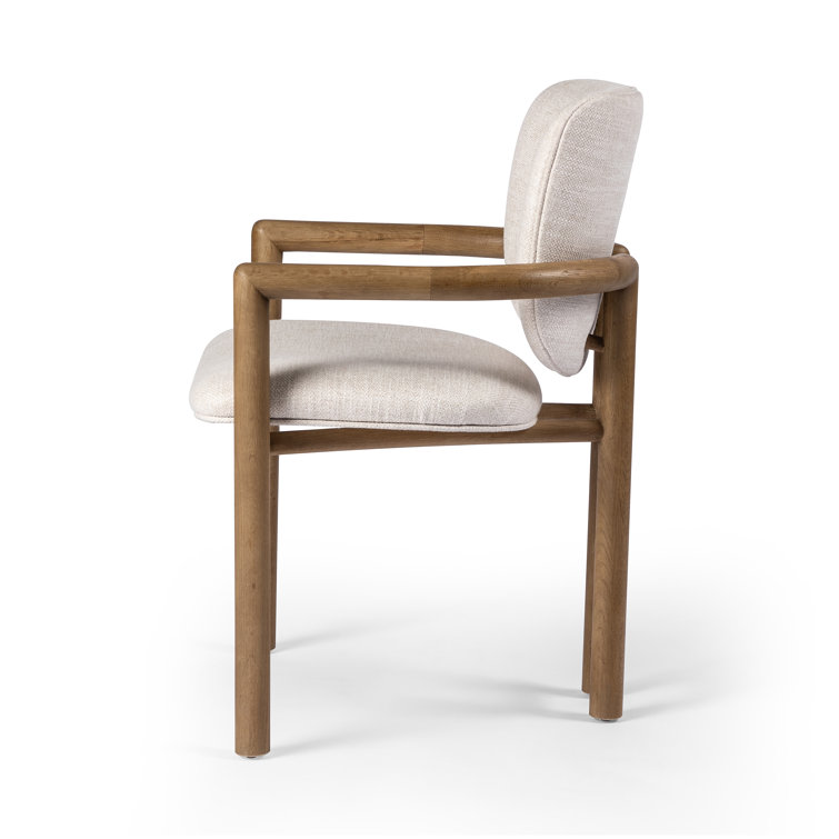 Beige Upholstered Leather Arm Chair with Desert Oak Finish