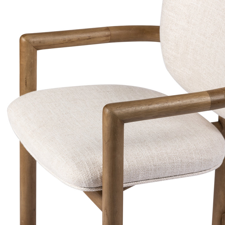 Beige Upholstered Leather Arm Chair with Desert Oak Finish