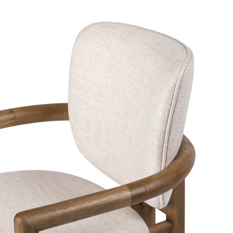 Beige Upholstered Leather Arm Chair with Desert Oak Finish