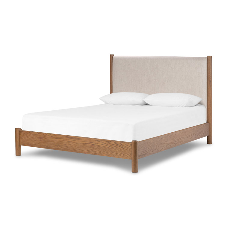 Queen Oak Upholstered Headboard Bed with Slats