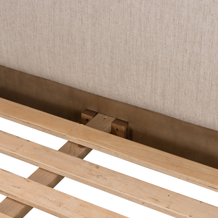 Queen Oak Upholstered Headboard Bed with Slats