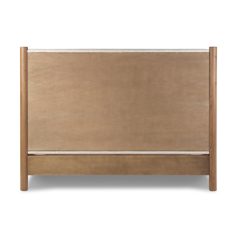 Queen Oak Upholstered Headboard Bed with Slats