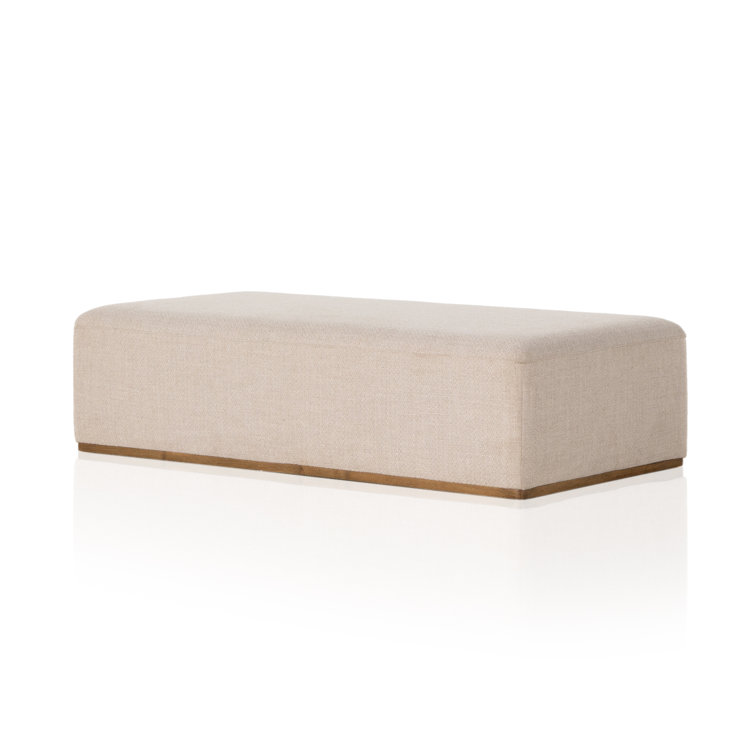 Beige Polyester Blend Upholstered Oval Ottoman with Brown Base