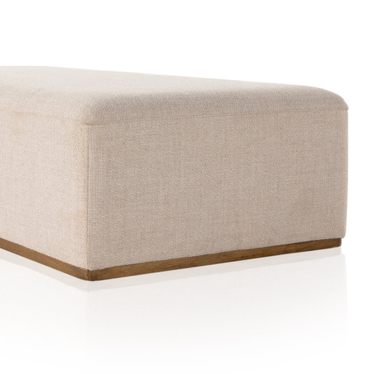 Beige Polyester Blend Upholstered Oval Ottoman with Brown Base