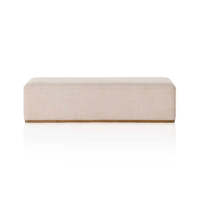 Beige Polyester Blend Upholstered Oval Ottoman with Brown Base