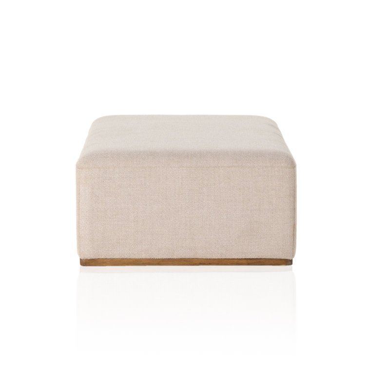 Beige Polyester Blend Upholstered Oval Ottoman with Brown Base