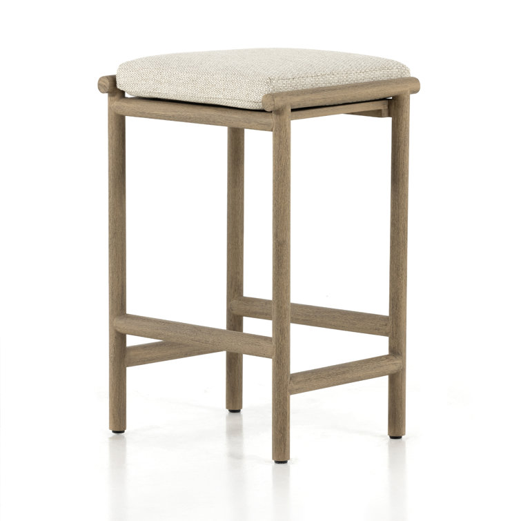 Teak and Beige Upholstered Counter Stool with Cushion