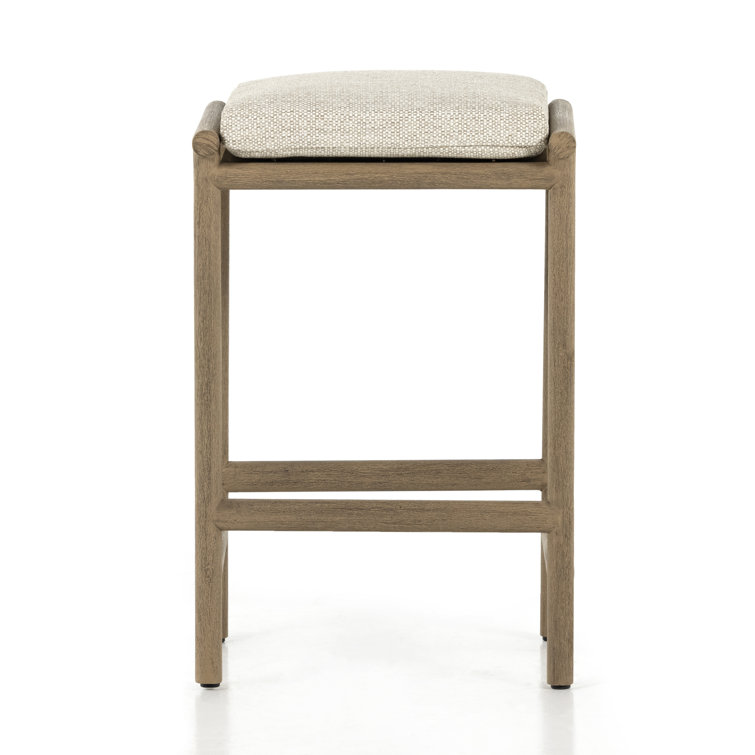 Teak and Beige Upholstered Counter Stool with Cushion
