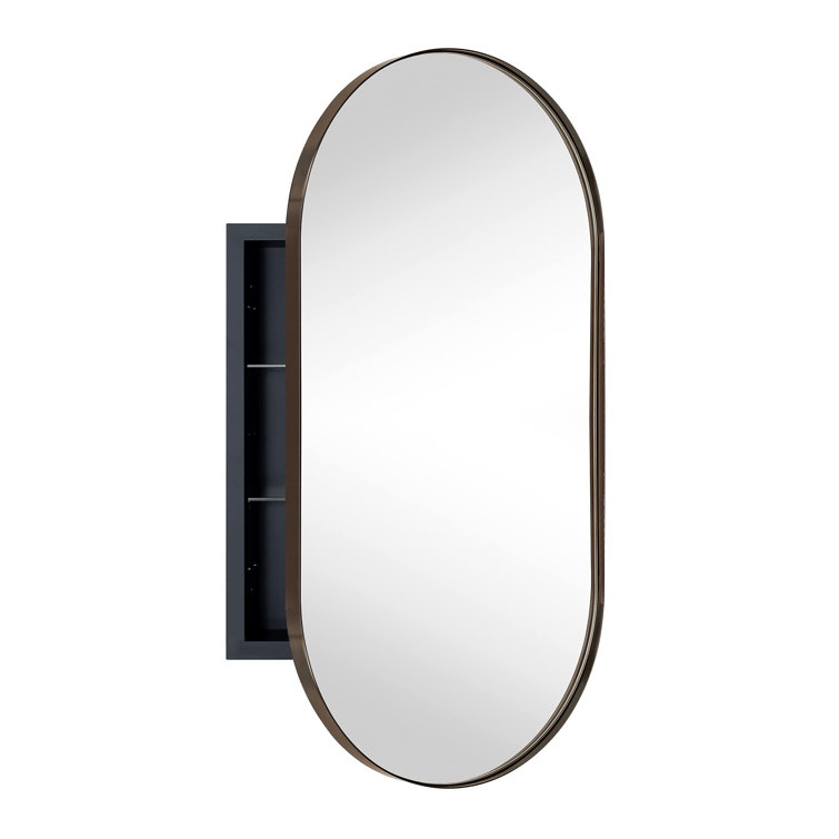 Oval Matte Black Metal Framed Medicine Cabinet with Mirror
