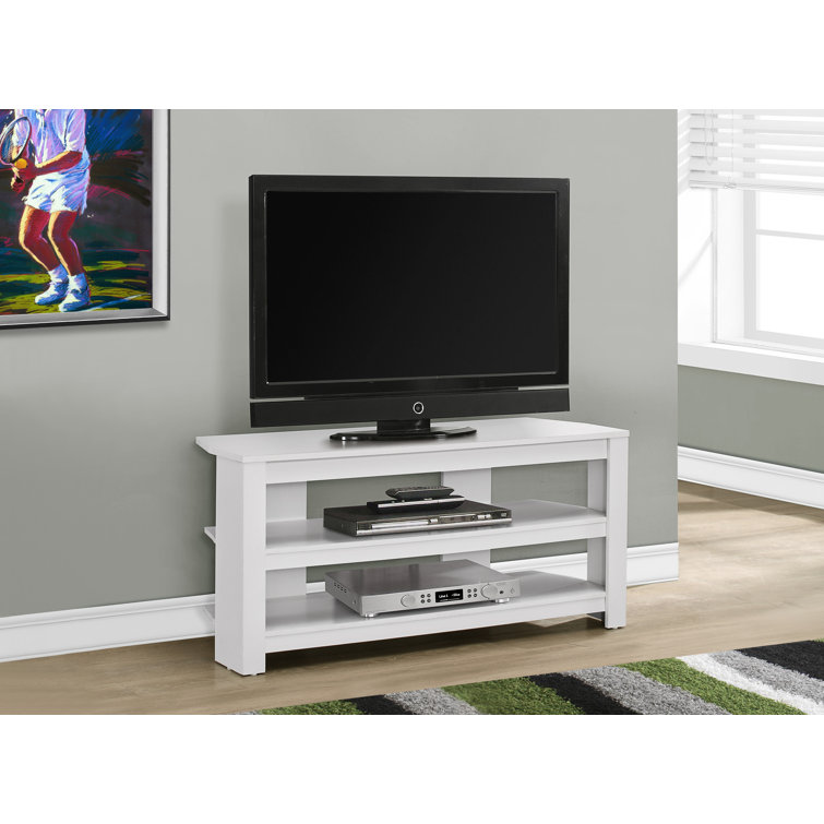 Modern White Corner TV Stand with Open Shelves and Cabinet