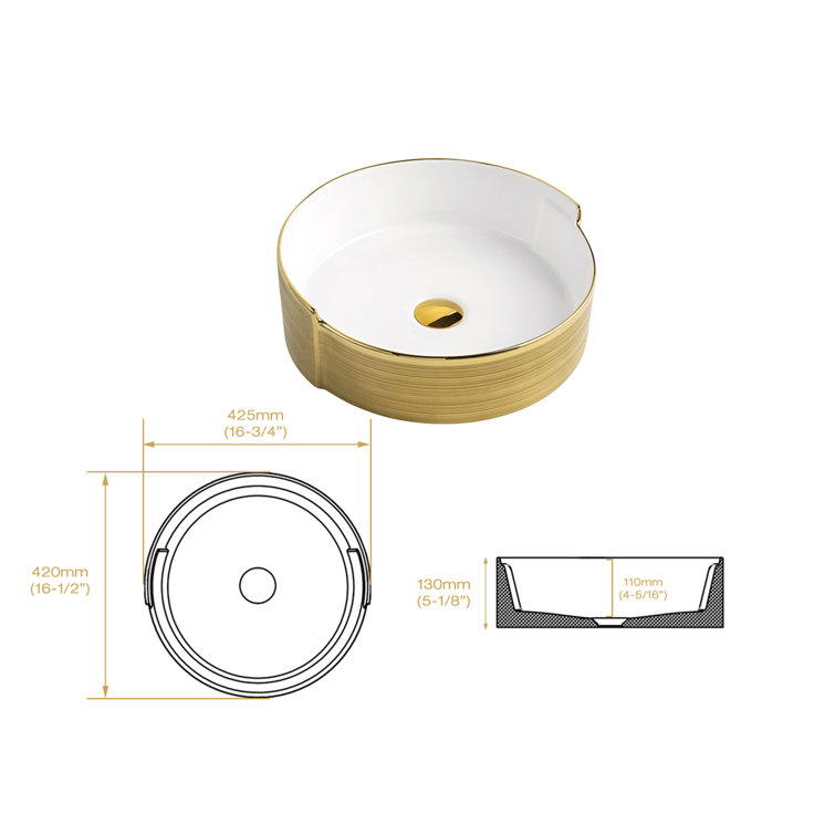 Luxury Golden Stripes Ceramic Round Vessel Sink with Pop-Up Drain