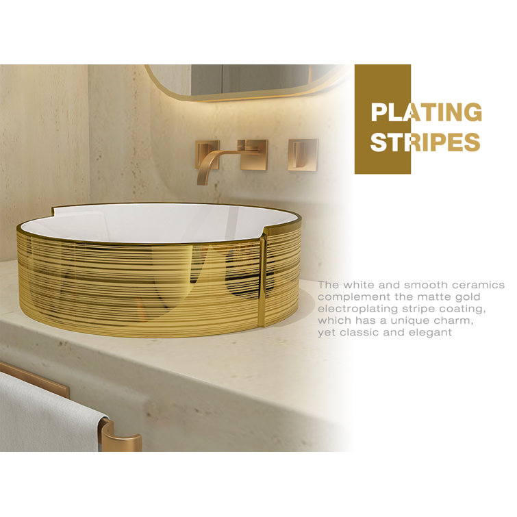 Luxury Golden Stripes Ceramic Round Vessel Sink with Pop-Up Drain