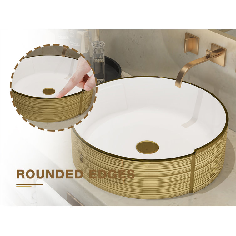 Luxury Golden Stripes Ceramic Round Vessel Sink with Pop-Up Drain