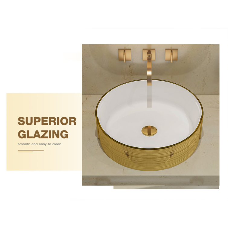 Luxury Golden Stripes Ceramic Round Vessel Sink with Pop-Up Drain