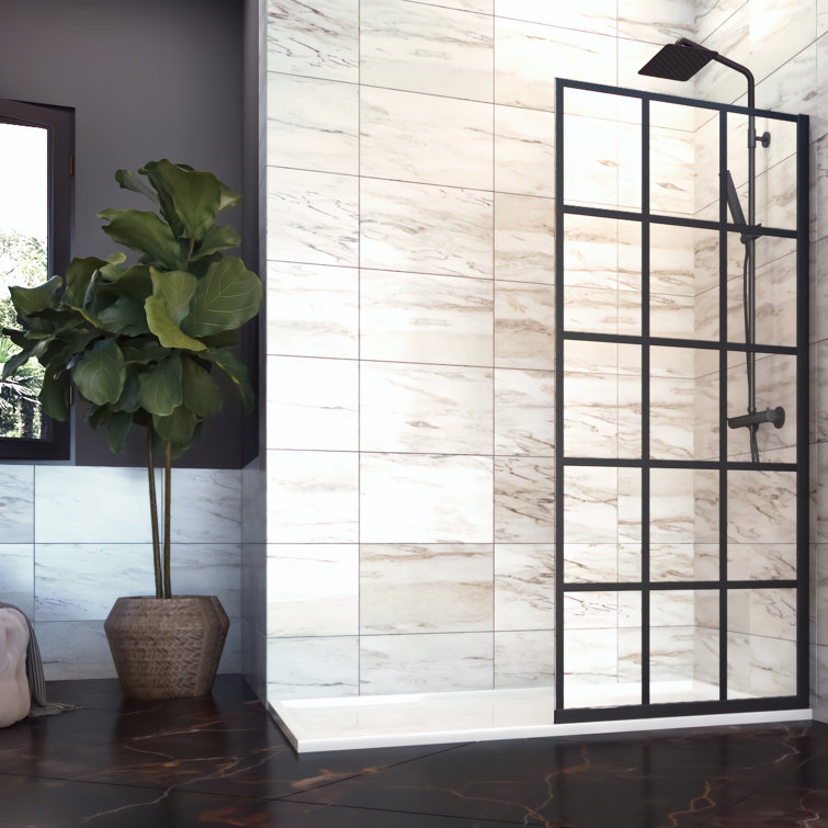 Matte Black Semi-Frameless Grid Patterned Shower Door, 34 x 76 in.