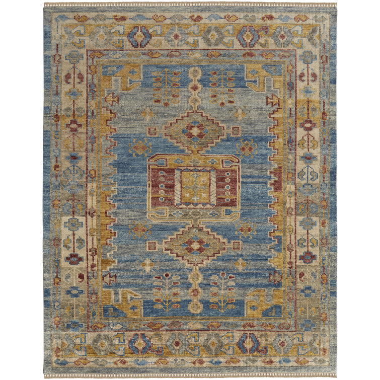 Hand-Knotted Blue and Multicolor Wool Rectangular Area Rug