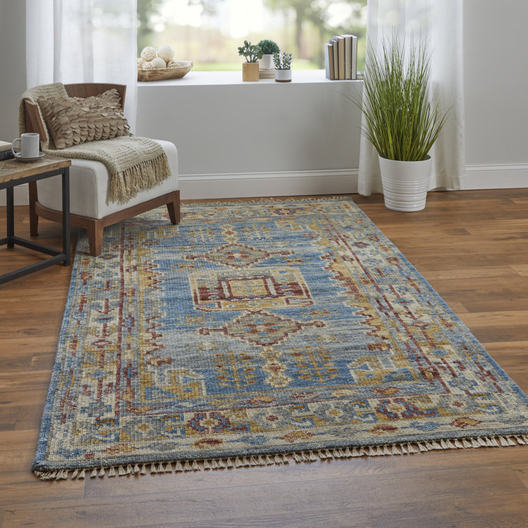 Hand-Knotted Blue and Multicolor Wool Rectangular Area Rug