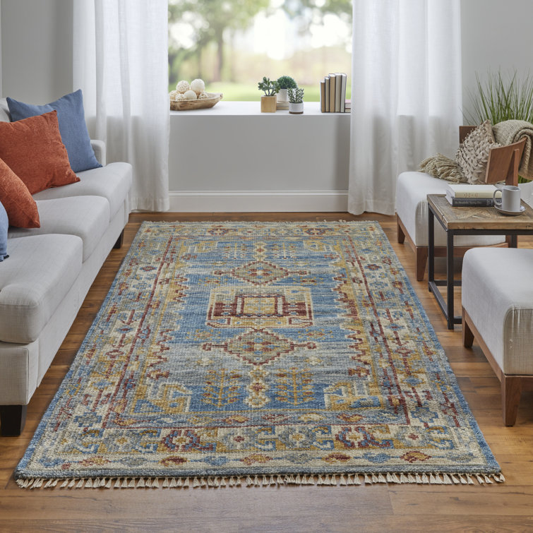 Hand-Knotted Blue and Multicolor Wool Rectangular Area Rug